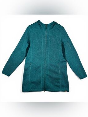 LL Bean Longline Sweater Fleece Full Zip Large Teal Green Hooded Jacket